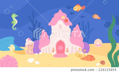 Fairytale illustration with little mermaid princess and underwater castle. Cartoon fish and seahorse, seaweeds and plants, sand, vector background 128133854