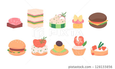 Different mini snacks for buffet or party. Breakfast sandwiches, burgers. Tasty food with bread cheese shrimp bacon caviar, vector clipart 128133856