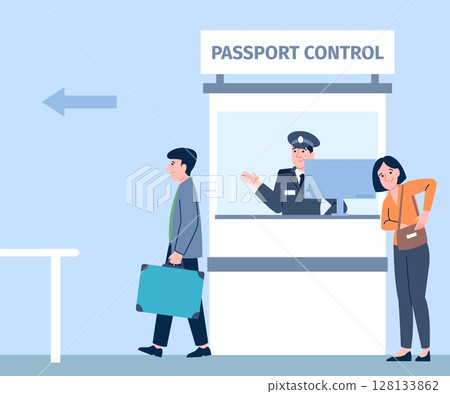 Border control in airport or port. Tourists show documents, border policeman. Flat travel concept, safety and comfort, vector illustration 128133862