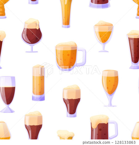 Beer seamless pattern. Different cartoon beer glasses. Tasty drink, oktoberfest festival design. Dark light beverages, adult pub drinks, vector background 128133863
