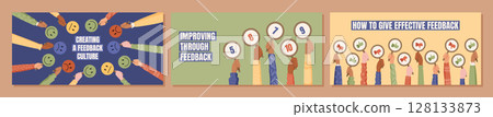 Cartoon customer feedback banner set. Hands display survey opinions and rate satisfaction. Marketing concept includes review comments, satisfaction rate, and business insights. 128133873