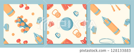 Seamless flat sport equipment pattern with gym tools and accessories set. Set includes dumbbells, kettlebells, ropes, and gloves arranged in a repeating background. Ideal for fitness, workout concepts Seamless flat sport equipment pattern with gym tools and accessories set. Set includes dumbbells, kettlebells, ropes, and gloves arranged in a repeating background. Ideal for fitness, workout concepts 128133883