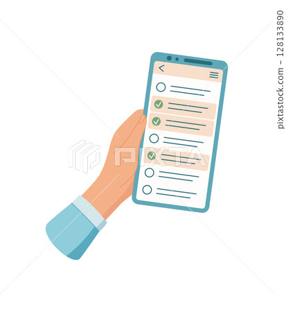 A hand holds a phone displaying a task list app. The user interacts with the screen using their finger to check off items. This simple mobile application enhances productivity and organization, A hand holds a phone displaying a task list app. The user interacts with the screen using their finger to check off items. This simple mobile application enhances productivity and organization, 128133890