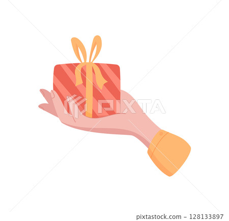 Hand holding a present. Woman exchanges a gift. Flat graphic illustration suitable for various contexts. Ideal for themes of generosity and celebration. Hand holding a present. Woman exchanges a gift. Flat graphic illustration suitable for various contexts. Ideal for themes of generosity and celebration. 128133897