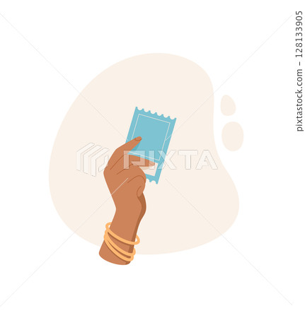 Hand holding ticket icon. Female hand in palm gesture shows ticket. Concept of exchange and transfer, flat style, suitable for use in graphic designs or marketing materials. Hand holding ticket icon. Female hand in palm gesture shows ticket. Concept of exchange and transfer, flat style, suitable for use in graphic designs or marketing materials. 128133905