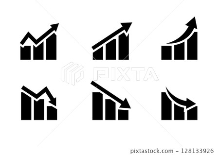 一組顯示增加和減少的條形圖和箭頭圖標 一組顯示增加和減少的條形圖和箭頭圖標 128133926