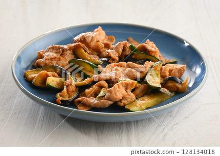 Spicy stir-fried pork, eggplant and cucumber with miso Spicy stir-fried pork, eggplant and cucumber with miso 128134018