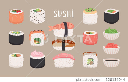 Traditional asian cuisine set with sushi and rolls. Collection of Japanese food vector illustration 128134044