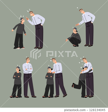 Stages of resolving conflict between father and son. Quarrel, embrace, conciliation, offense, angry shout in relationships of close people 128134045