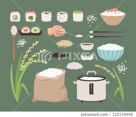 Rice food set, asian meal concept. Rice cooker, bowl with rice, sushi, soy sauce, chopsticks vector illustration 128134048