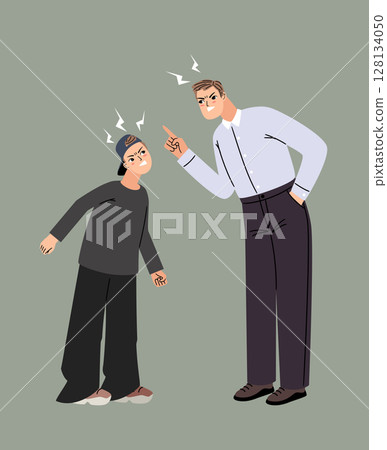 Quarrel between close people vector illustration. Father and son sort things out, shout and get angry to each other Quarrel between close people vector illustration. Father and son sort things out, shout and get angry to each other 128134050
