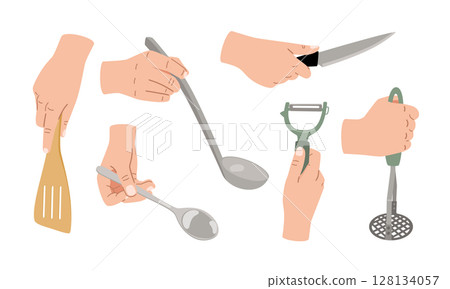 Hands holding kitchen utensils vector collection. Slotted spatula, spoon, knife, ladle, vegetable peeler isolated on white background 128134057