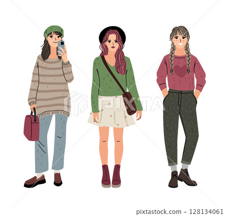 Elegant pretty woman in casual clothes. Fashion female wardrobe vector illustration isolated on white background Elegant pretty woman in casual clothes. Fashion female wardrobe vector illustration isolated on white background 128134061