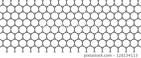 Repeated round shapes pattern. Black circles on white background. Mosaic holey texture. Wire, fence, fishing net, cage or lattice structure. Abstract geometric print. Vector graphic illustration 128134113