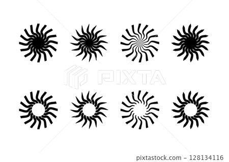 Spinner groovy sun symbols. Round swirl icons. Fan, propeller, cooler or pinwheel toy signs. Vortex, vertigo, dizzy or tornado pictograms isolated on white background. Vector graphic illustration 128134116