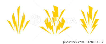 Set of yellow thunderbolt effects. Lightning signs isolated on white background. Thunderstorm silhouettes. Flashlight, energy, power or electricity symbols. Vector flat illustration Set of yellow thunderbolt effects. Lightning signs isolated on white background. Thunderstorm silhouettes. Flashlight, energy, power or electricity symbols. Vector flat illustration 128134117