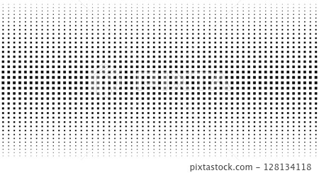 Dotted pattern with black repeated square shapes on white background. Wallpaper with halftone gradient faded effect. Abstract geometric print. Vector graphic illustration 128134118