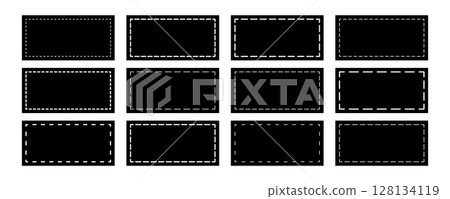 Set of black rectangle shapes with dashed lines. Dotted geometric figures isolated on white background. Cut here pictograms for paper sale coupons or price tags. Vector graphic illustration Set of black rectangle shapes with dashed lines. Dotted geometric figures isolated on white background. Cut here pictograms for paper sale coupons or price tags. Vector graphic illustration 128134119