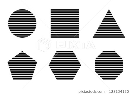 Black striped geometric shapes isolated on white background. Streaked round, square and triangle, pentagon, hexagon and octagon forms. Minimalistic design elements. Vector graphic illustration Black striped geometric shapes isolated on white background. Streaked round, square and triangle, pentagon, hexagon and octagon forms. Minimalistic design elements. Vector graphic illustration 128134120