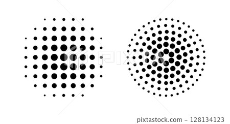 Dotted circles with halftone effect. Round shapes with polka dot print isolated on white background. Simple design elements. Vector graphic illustration Dotted circles with halftone effect. Round shapes with polka dot print isolated on white background. Simple design elements. Vector graphic illustration 128134123