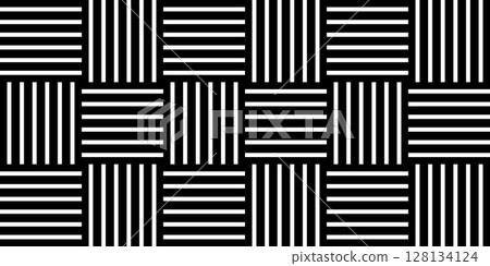 Wicker basket texture. Tile with crossed straight black and white stripes pattern. Parallel and perpendicular lines background. Abstract geometric print. Simple fabric structure. Vector illustration Wicker basket texture. Tile with crossed straight black and white stripes pattern. Parallel and perpendicular lines background. Abstract geometric print. Simple fabric structure. Vector illustration 128134124