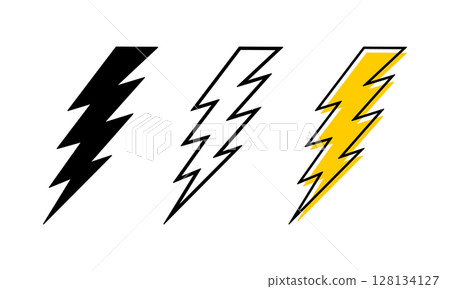 Set of bolt icons. Thunder signs isolated on white background. Flashlight, energy, power or battery charge symbols. Danger, electric or hazard pictograms. Vector graphic illustration 128134127