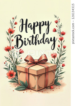 Happy Birthday card with gift box and flowers. 128134315