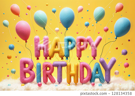 Colorful balloon-shaped Happy Birthday on yellow background. 128134358