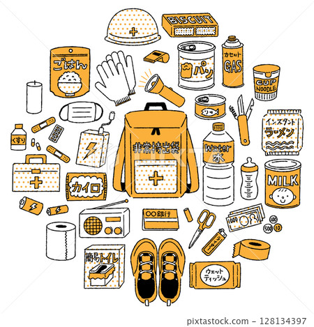 Hand-drawn cute disaster prevention goods illustration set 128134397