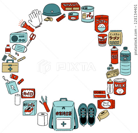 手繪可愛防災用品圖示框架 128134401