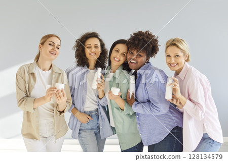 Woman beauty care, cosmetic mockup, multi ethnic group of happy successful confident beautiful women 128134579
