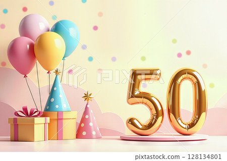 Celebrating 50 years with balloons and gifts. 128134801