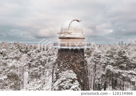 Old observatory tower in the Glen park. Tallinn, Estonia, against dramatic sky 128134966
