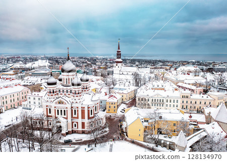 Aerial View of Tallinn in winter with Alexander Nevsky Cathedral, roofs with snow, Christmas mood 128134970