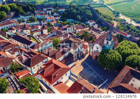Aerial view of Obidos with historic walls and castle, Leiria district, Portugal 128134976