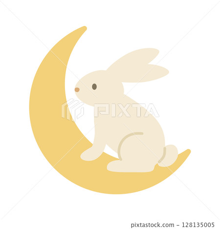 A simple illustration of a rabbit sitting on a crescent moon 128135005