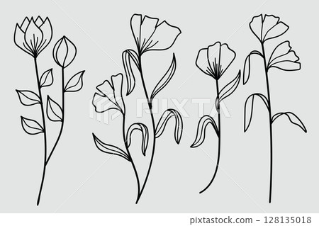 A collection of hand-drawn botanical line art featuring flowers, leaves, and wildflowers illustration. A collection of hand-drawn botanical line art featuring flowers, leaves, and wildflowers illustration. 128135018