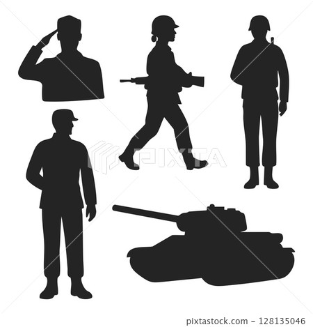 Us army silhouette collection with tank soldier gun illustration 128135046