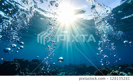 Bubbles looking up from underwater 128135281