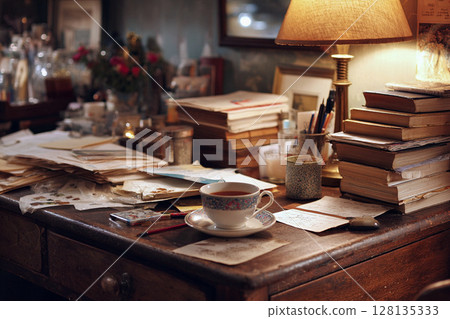 Coffee break at a messy work desk 128135333