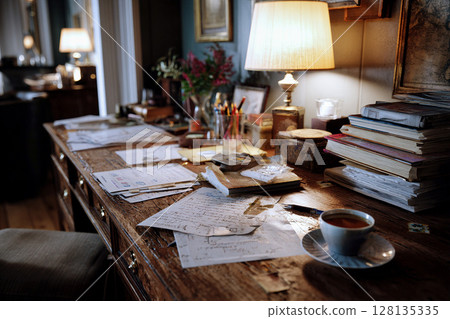 Coffee break at a messy work desk 128135335