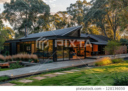 A large house with a black roof and a black chimney 128136030