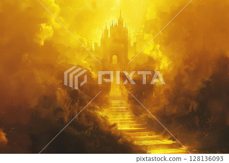 A painting of a castle with a golden door and a staircase leading up to it 128136093