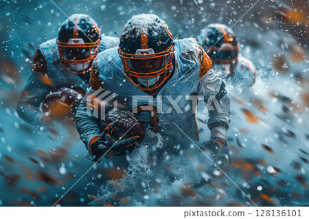 A football player is wearing a helmet and is surrounded by red smoke 128136101