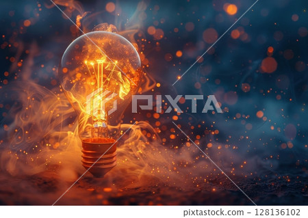 A light bulb is lit up and surrounded by smoke. idea and creative concept. 128136102
