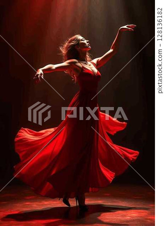 一位身穿紅色洋裝的女舞者優雅地舞動 一位身穿紅色洋裝的女舞者優雅地舞動 128136182