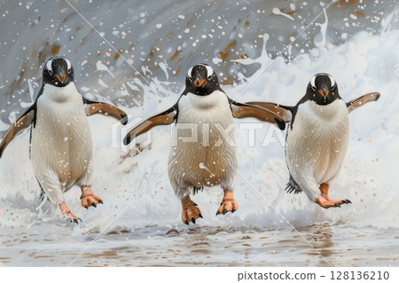 Three penguins are running in the water Three penguins are running in the water 128136210