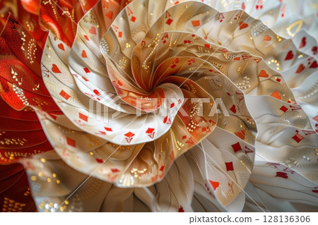 A gold and red spiral of playing cards. Background concept A gold and red spiral of playing cards. Background concept 128136306