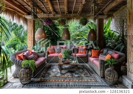 A cozy outdoor living space with a wooden structure and hanging lanterns 128136321