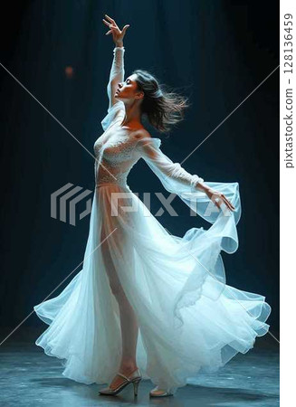 一位身穿白色洋裝的女舞者優雅地舞動 128136459